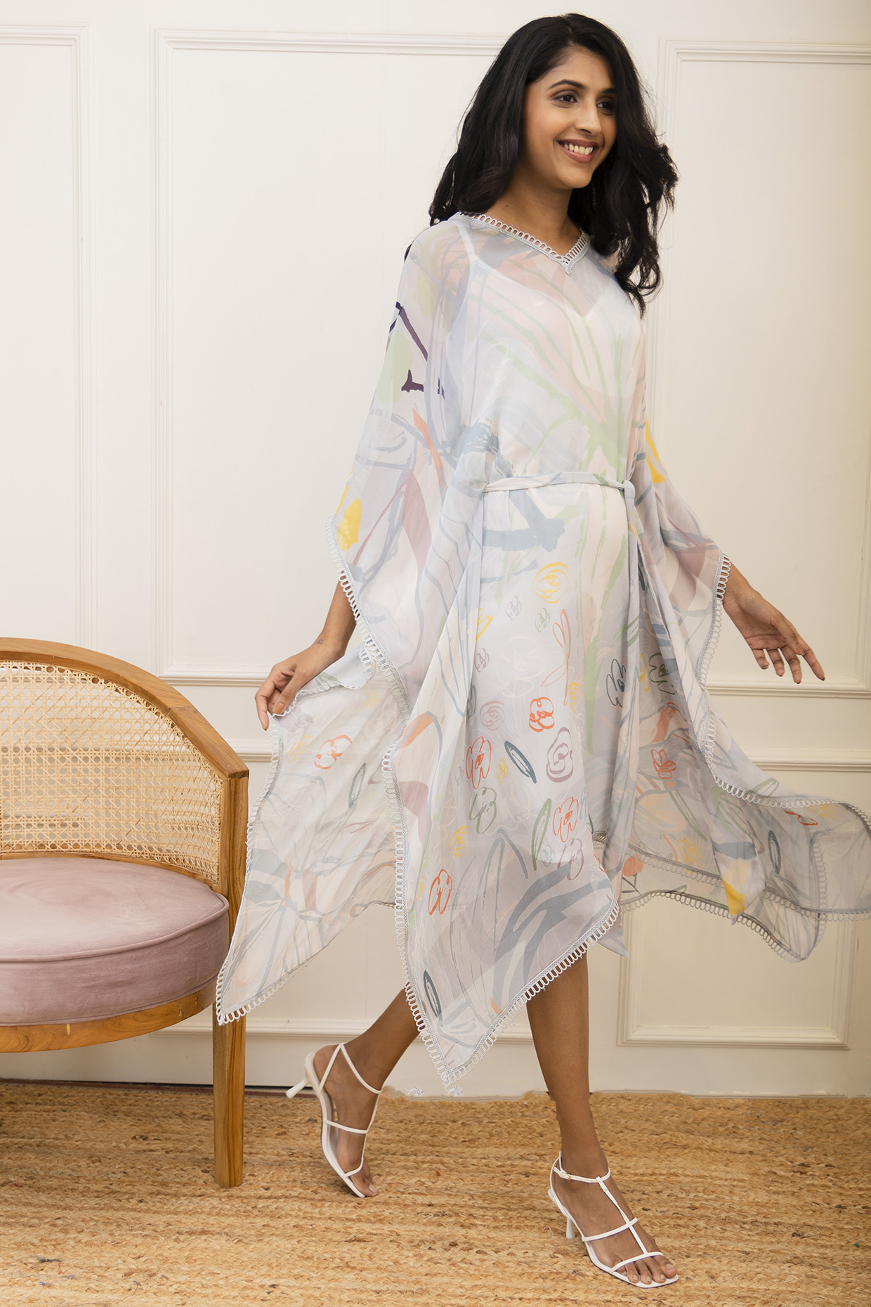 Ice Blue Georgette Floral Printed Kaftan by Varun Bahl Pret at Pernia's Pop Up Shop