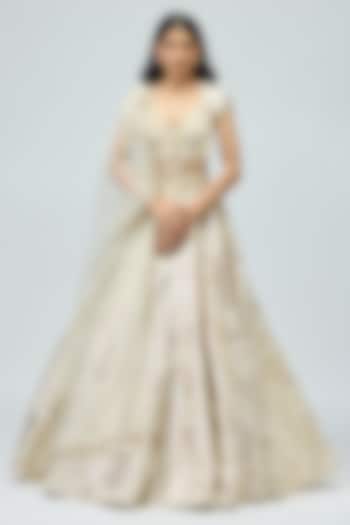 Ivory Silk Brocade Pearl Embroidered Wedding Lehenga Set by Varun Bahl at Pernia's Pop Up Shop