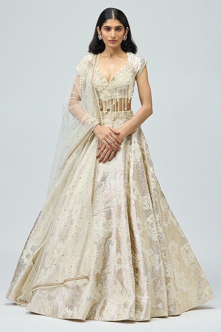 Ivory Silk Brocade Pearl Embroidered Wedding Lehenga Set by Varun Bahl at Pernia's Pop Up Shop