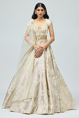 Ivory Silk Brocade Pearl Embroidered Lehenga Set by Varun Bahl