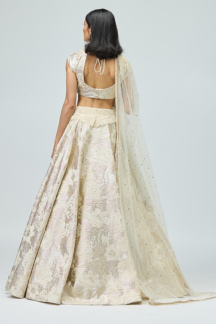 Ivory Silk Brocade Pearl Embroidered Wedding Lehenga Set by Varun Bahl at Pernia's Pop Up Shop