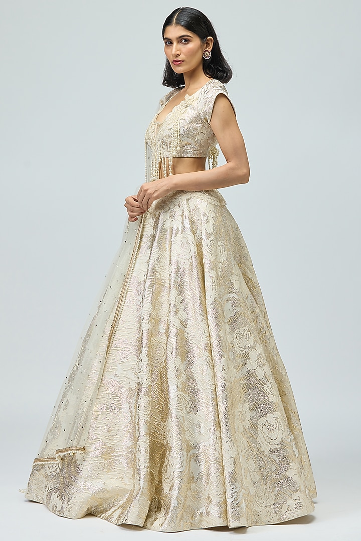 Ivory Silk Brocade Pearl Embroidered Wedding Lehenga Set by Varun Bahl at Pernia's Pop Up Shop