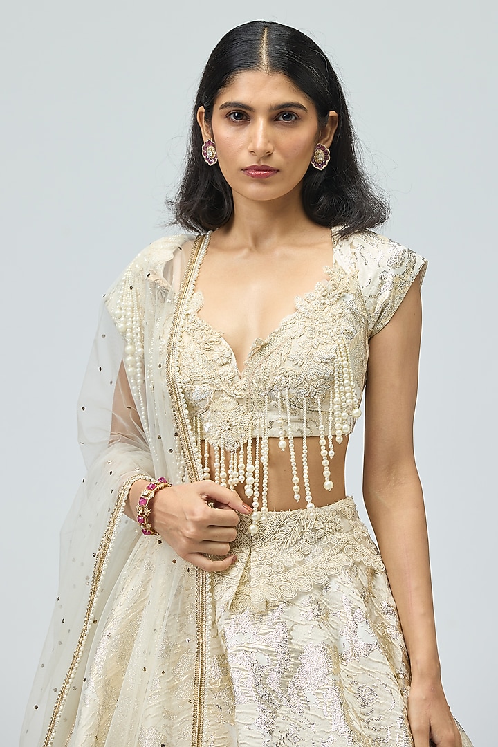 Ivory Silk Brocade Pearl Embroidered Wedding Lehenga Set by Varun Bahl at Pernia's Pop Up Shop