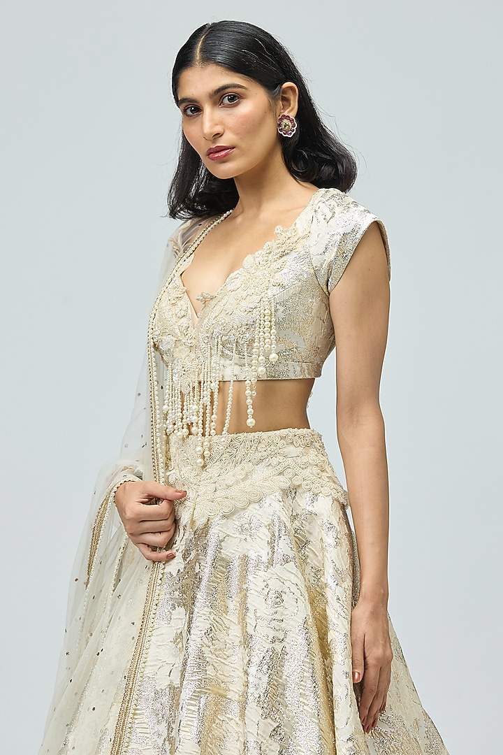 Ivory Silk Brocade Pearl Embroidered Wedding Lehenga Set by Varun Bahl at Pernia's Pop Up Shop