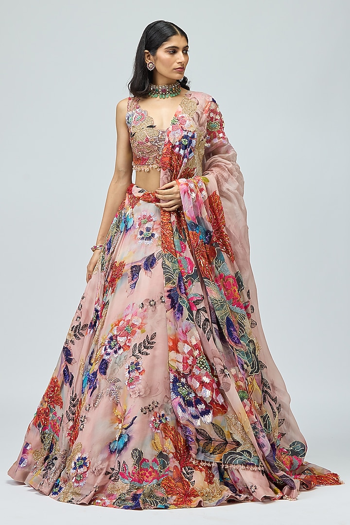 Pink Organza Printed Bridal Lehenga Set by Varun Bahl at Pernia's Pop Up Shop