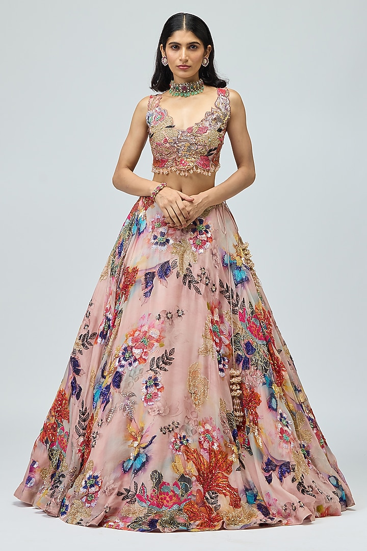 Pink Organza Printed Bridal Lehenga Set by Varun Bahl at Pernia's Pop Up Shop