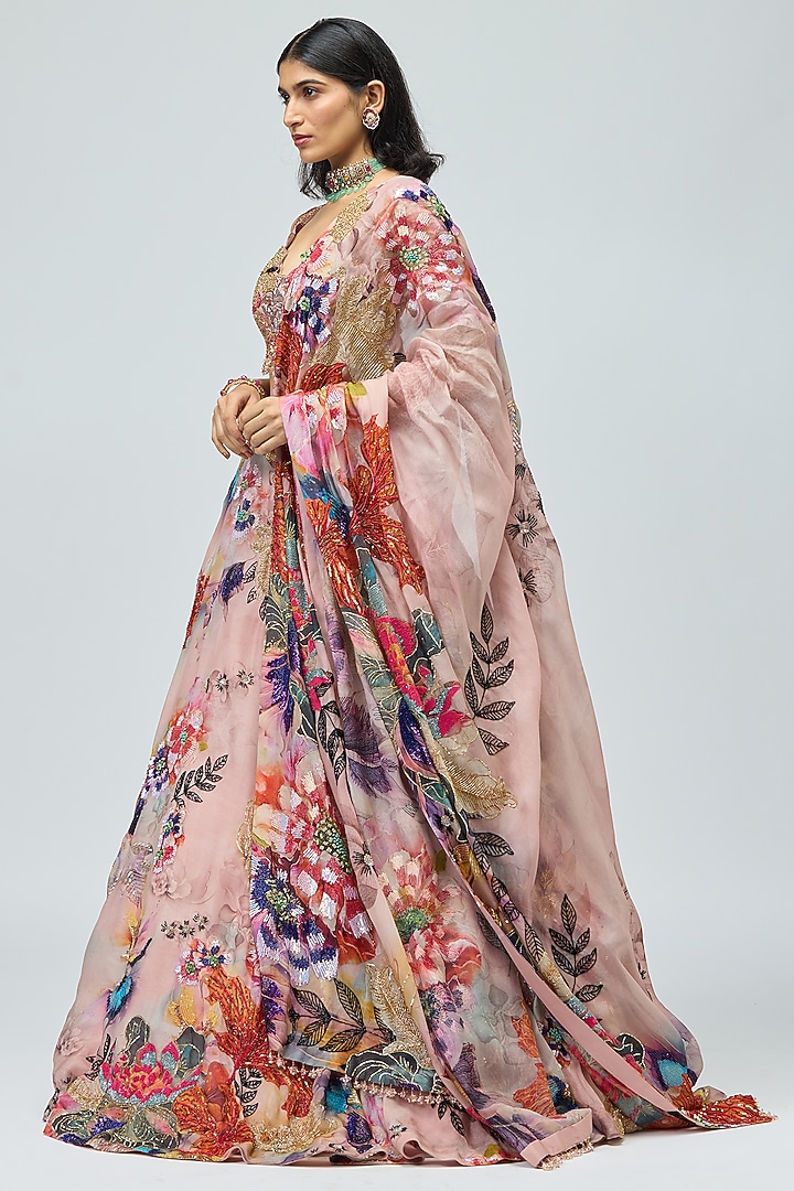 Pink Organza Printed Bridal Lehenga Set by Varun Bahl at Pernia's Pop Up Shop