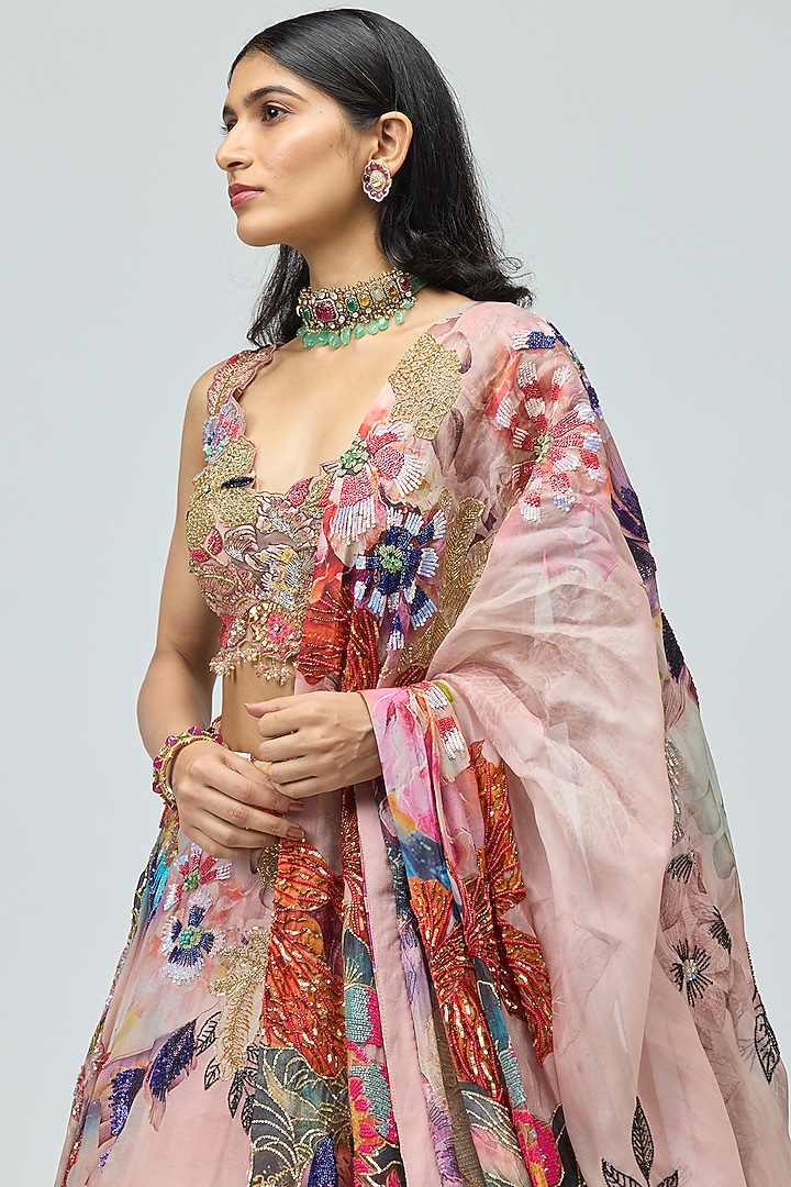 Pink Organza Printed Bridal Lehenga Set by Varun Bahl at Pernia's Pop Up Shop