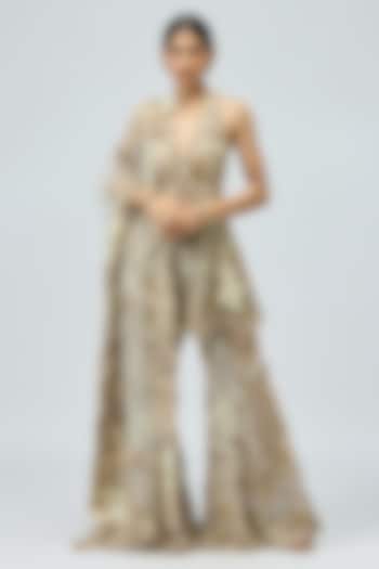 Beige Mono Net Patchwork Bridal Sharara Set by Varun Bahl at Pernia's Pop Up Shop