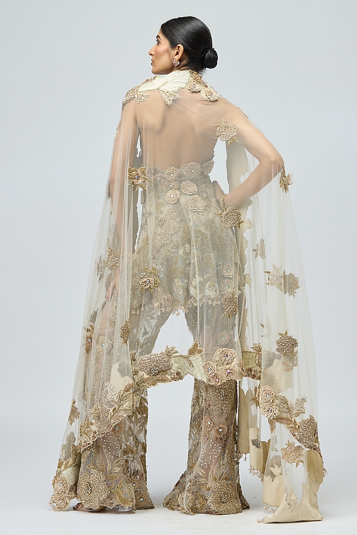 Beige Mono Net Patchwork Bridal Sharara Set by Varun Bahl at Pernia's Pop Up Shop