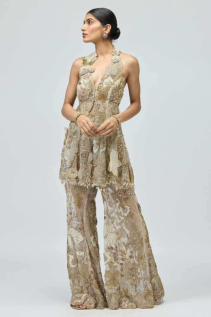 Beige Mono Net Patchwork Bridal Sharara Set by Varun Bahl at Pernia's Pop Up Shop