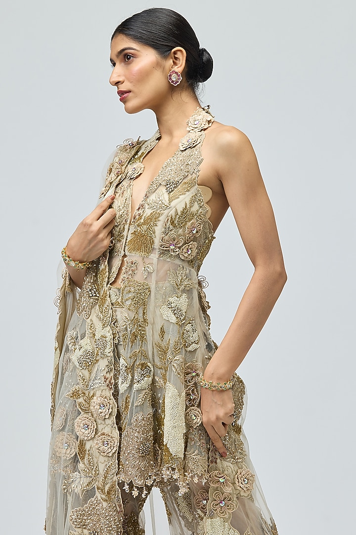 Beige Mono Net Patchwork Bridal Sharara Set by Varun Bahl at Pernia's Pop Up Shop