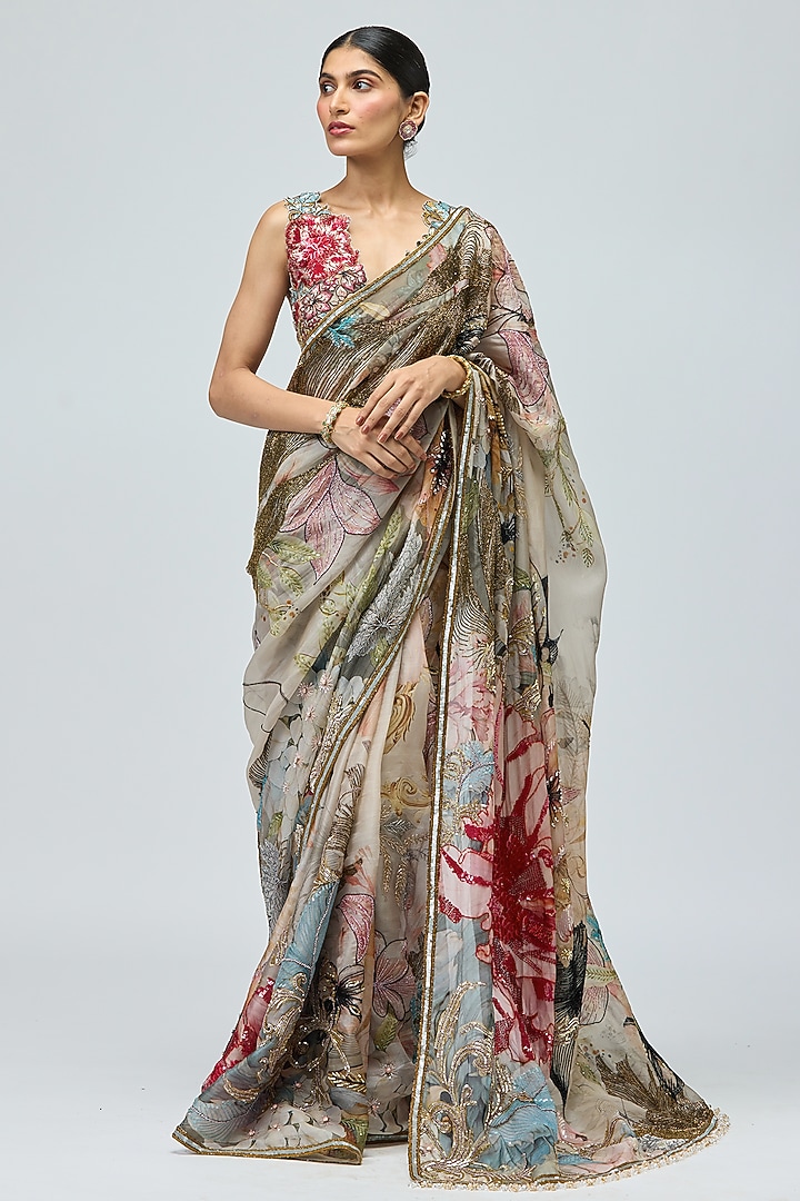 Green Sheer Organza Printed Bridal Saree Set by Varun Bahl at Pernia's Pop Up Shop