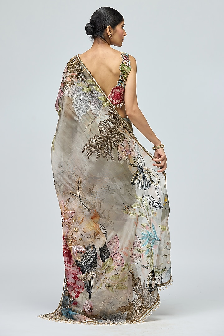 Green Sheer Organza Printed Bridal Saree Set by Varun Bahl at Pernia's Pop Up Shop
