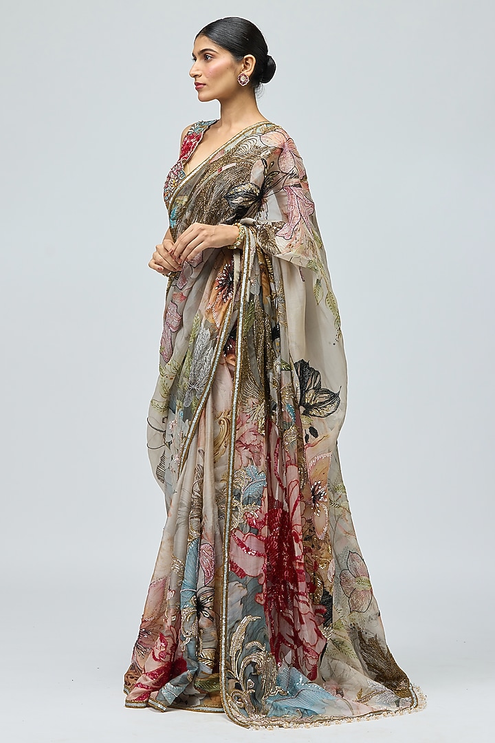 Green Sheer Organza Printed Bridal Saree Set by Varun Bahl at Pernia's Pop Up Shop