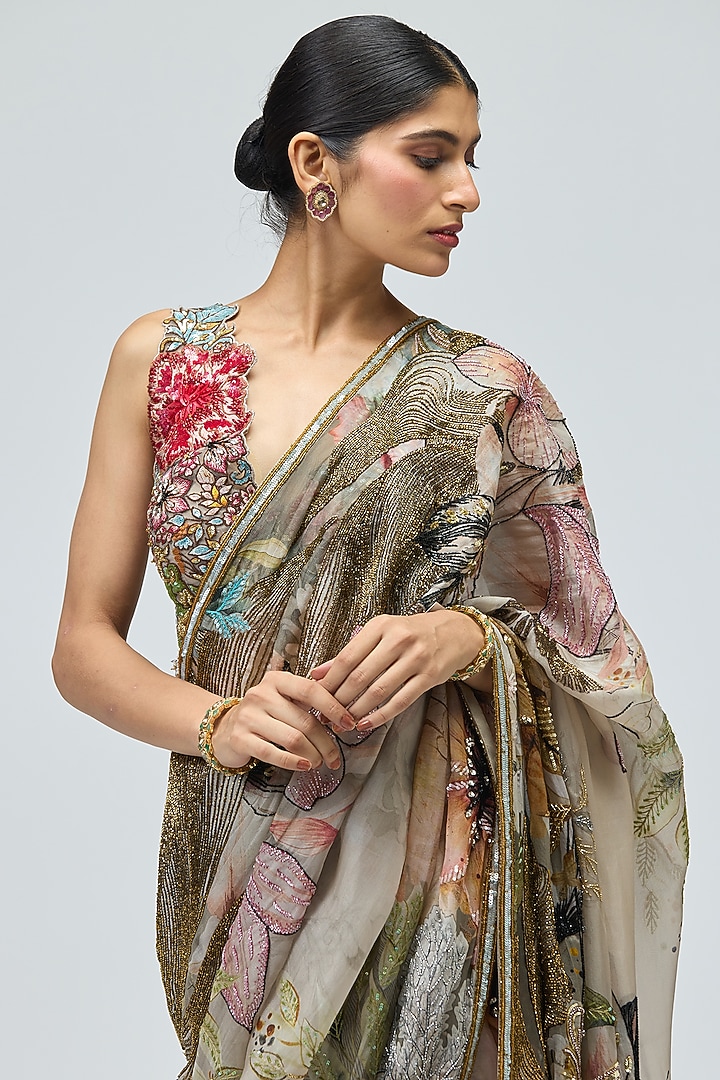 Green Sheer Organza Printed Bridal Saree Set by Varun Bahl at Pernia's Pop Up Shop