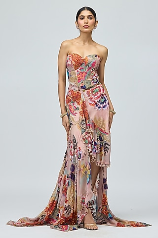 Pink Organza Printed Skirt Set by Varun Bahl