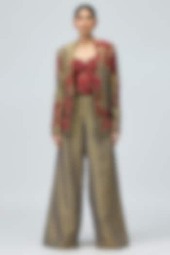 Green Viscose Satin Lurex Stone Work Jacket Set by Varun Bahl at Pernia's Pop Up Shop