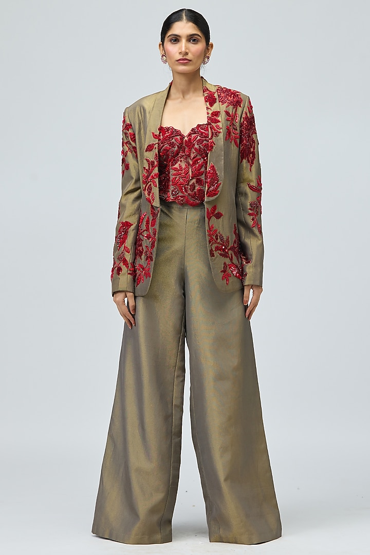 Green Viscose Satin Lurex Stone Work Jacket Set by Varun Bahl at Pernia's Pop Up Shop