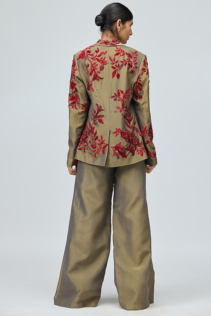 Green Viscose Satin Lurex Stone Work Jacket Set by Varun Bahl at Pernia's Pop Up Shop