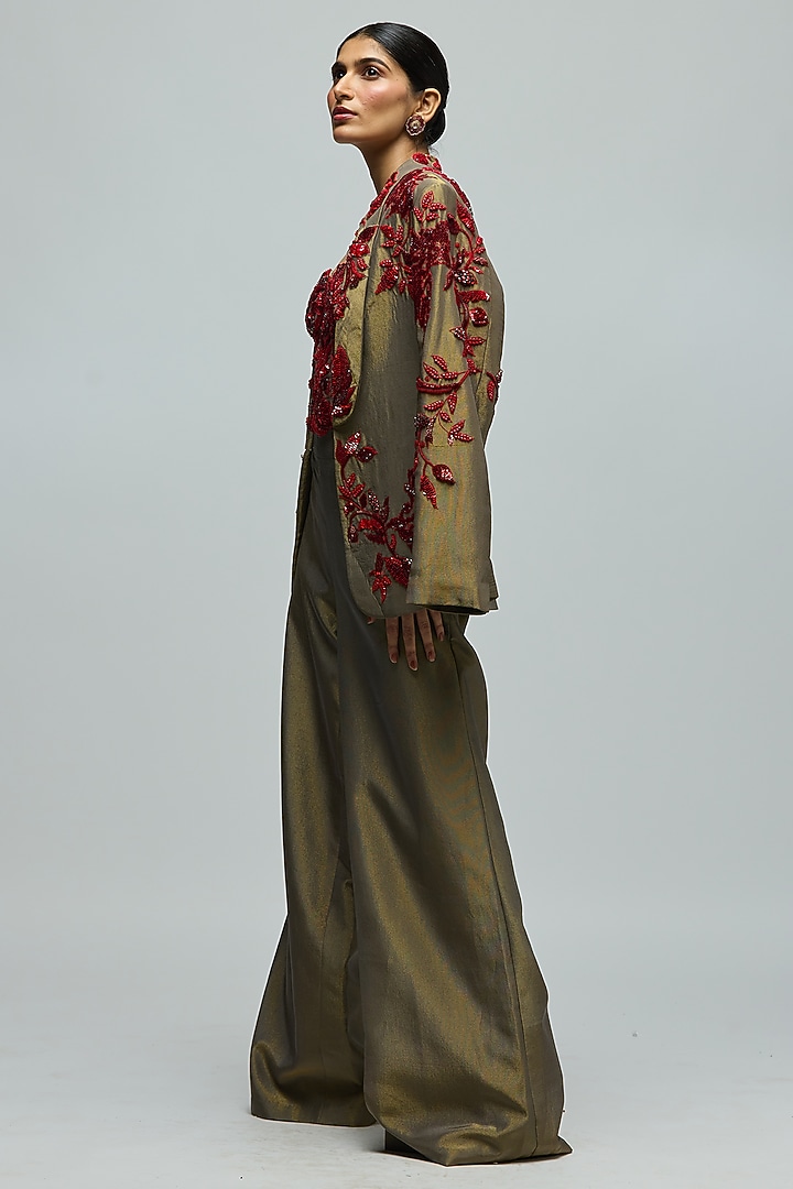 Green Viscose Satin Lurex Stone Work Jacket Set by Varun Bahl at Pernia's Pop Up Shop