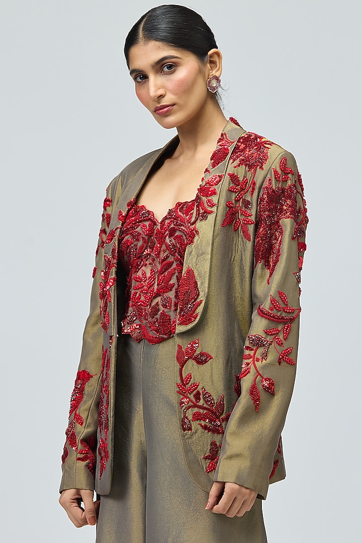 Green Viscose Satin Lurex Stone Work Jacket Set by Varun Bahl at Pernia's Pop Up Shop