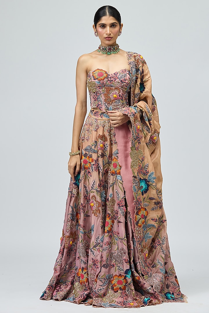 Pink Viscose Tissue Embroidered Bridal Lehenga Set by Varun Bahl at Pernia's Pop Up Shop