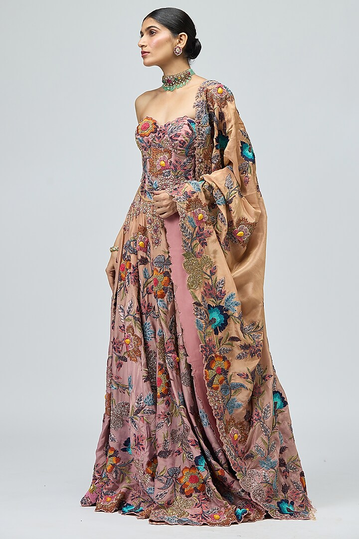 Pink Viscose Tissue Embroidered Bridal Lehenga Set by Varun Bahl at Pernia's Pop Up Shop