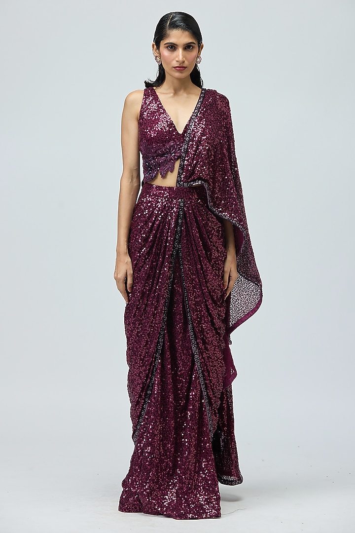 Dark Purple Shimmer Sequins Embroidered Draped Wedding Saree Set by Varun Bahl at Pernia's Pop Up Shop