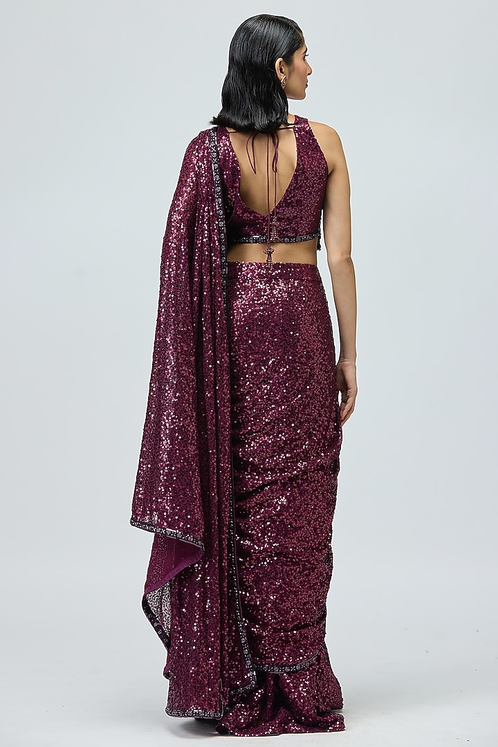 Dark Purple Shimmer Sequins Embroidered Draped Wedding Saree Set by Varun Bahl at Pernia's Pop Up Shop