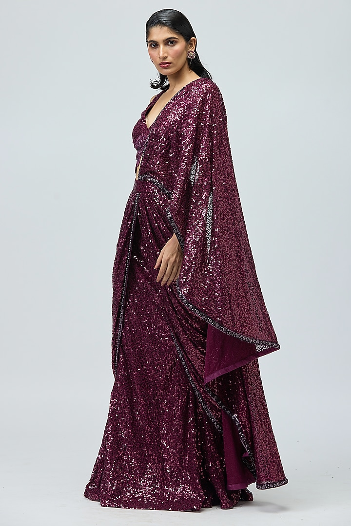 Dark Purple Shimmer Sequins Embroidered Draped Wedding Saree Set by Varun Bahl at Pernia's Pop Up Shop