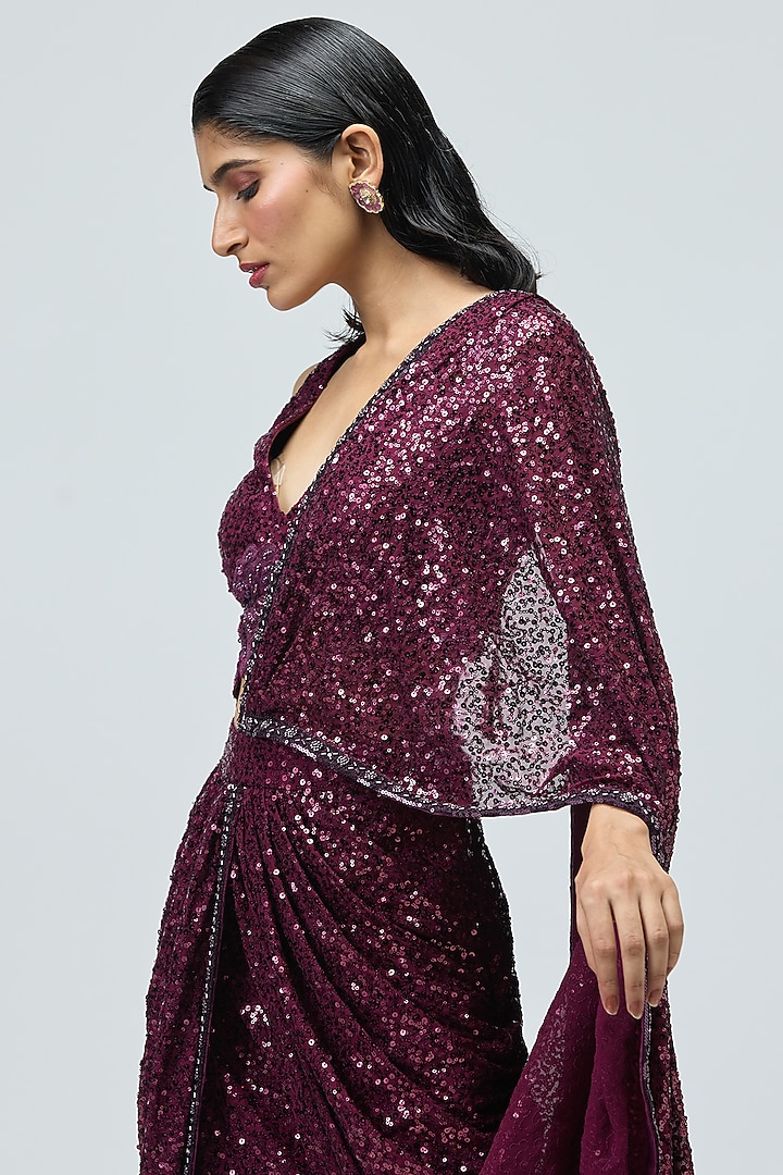 Dark Purple Shimmer Sequins Embroidered Draped Wedding Saree Set by Varun Bahl at Pernia's Pop Up Shop