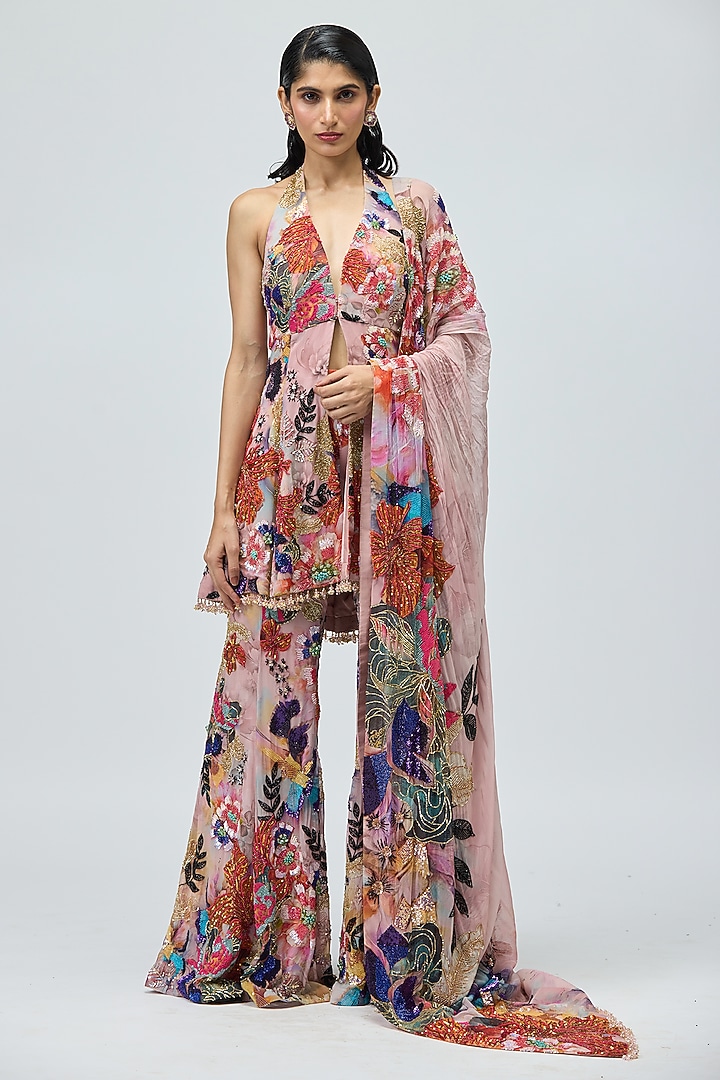 Pink Viscose Georgette Printed Bridal Sharara Set by Varun Bahl at Pernia's Pop Up Shop