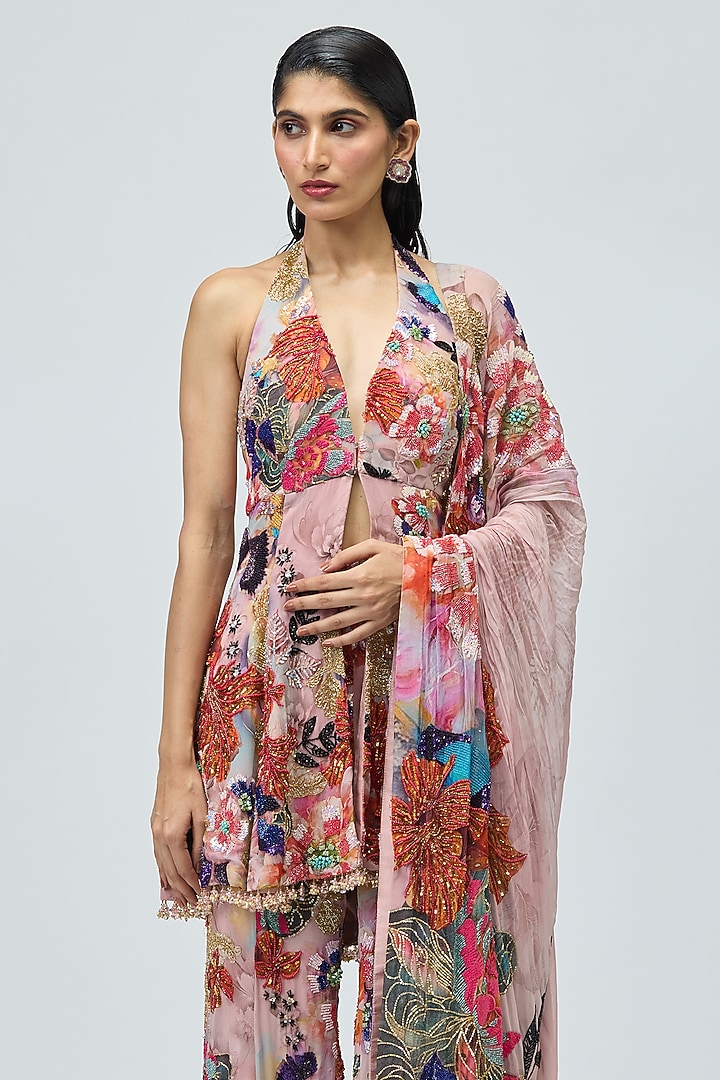 Pink Viscose Georgette Printed Bridal Sharara Set by Varun Bahl at Pernia's Pop Up Shop