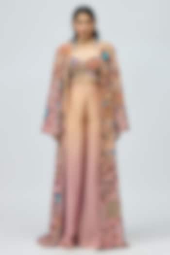 Peach Viscose Satin Lurex Embroidered Cape Set by Varun Bahl at Pernia's Pop Up Shop