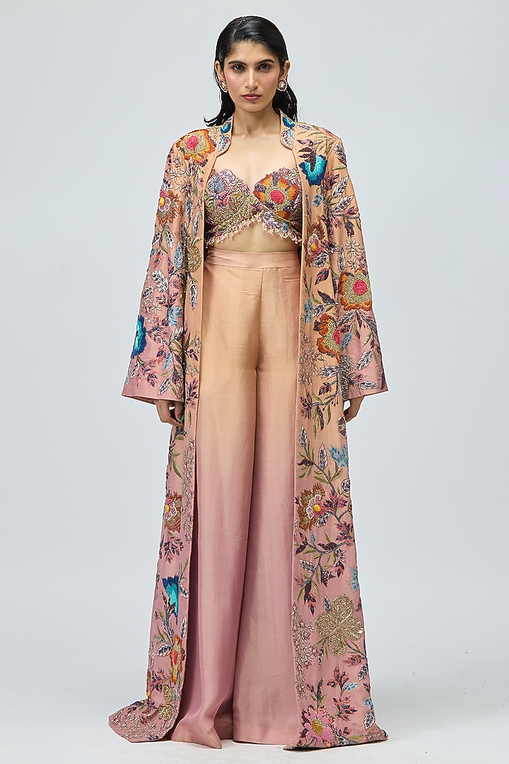 Peach Viscose Satin Lurex Embroidered Cape Set by Varun Bahl at Pernia's Pop Up Shop