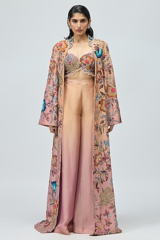 Peach Viscose Satin Lurex Embroidered Cape Set by Varun Bahl