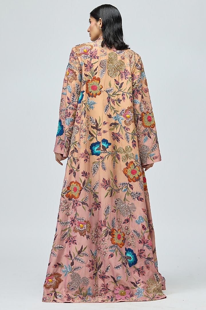 Peach Viscose Satin Lurex Embroidered Cape Set by Varun Bahl at Pernia's Pop Up Shop
