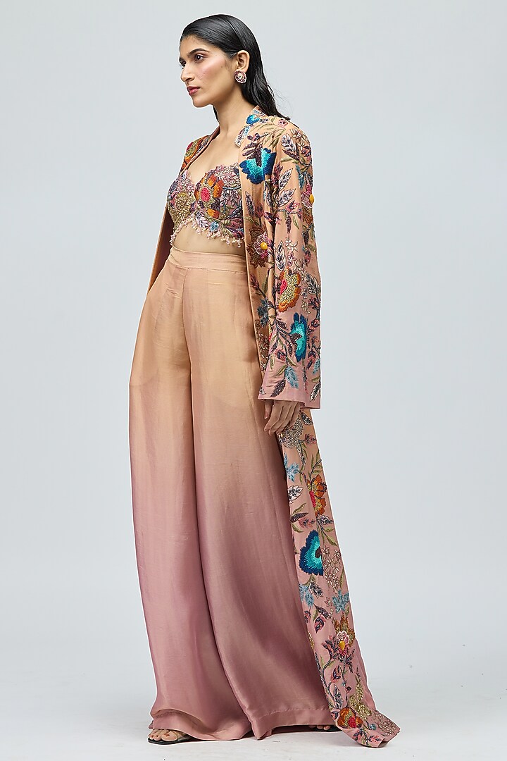 Peach Viscose Satin Lurex Embroidered Cape Set by Varun Bahl at Pernia's Pop Up Shop