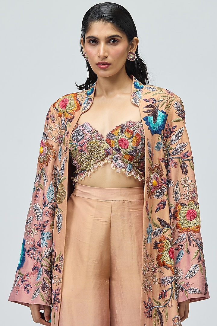 Peach Viscose Satin Lurex Embroidered Cape Set by Varun Bahl at Pernia's Pop Up Shop
