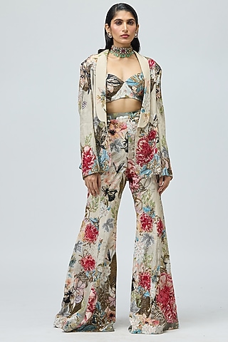 Ivory Crepe Printed Jacket Set by Varun Bahl