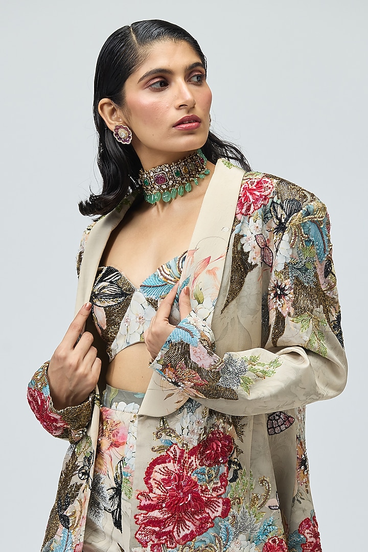 Ivory Crepe Printed Jacket Set by Varun Bahl at Pernia's Pop Up Shop