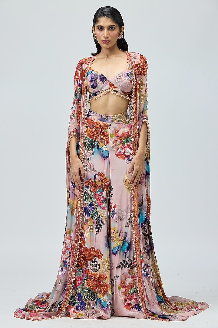 Pink Viscose Georgette Printed & Embroidered Cape Set by Varun Bahl at Pernia's Pop Up Shop