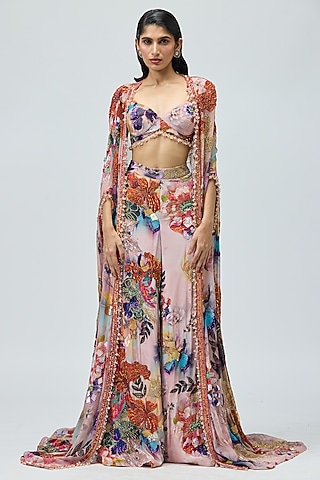 Pink Viscose Georgette Printed & Embroidered Cape Set by Varun Bahl