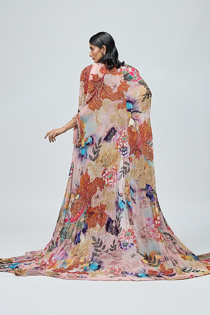 Pink Viscose Georgette Printed & Embroidered Cape Set by Varun Bahl at Pernia's Pop Up Shop
