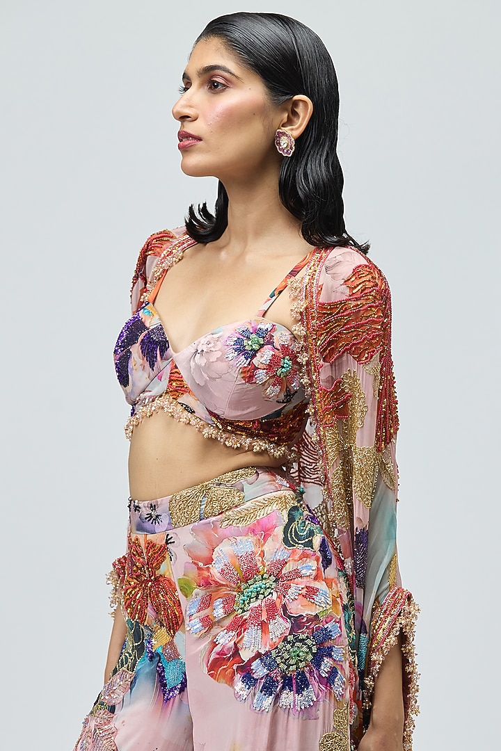Pink Viscose Georgette Printed & Embroidered Cape Set by Varun Bahl at Pernia's Pop Up Shop