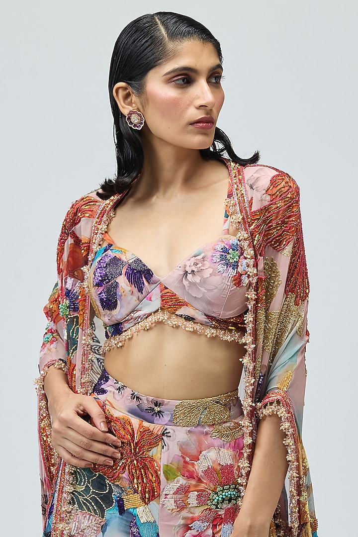 Pink Viscose Georgette Printed & Embroidered Cape Set by Varun Bahl at Pernia's Pop Up Shop