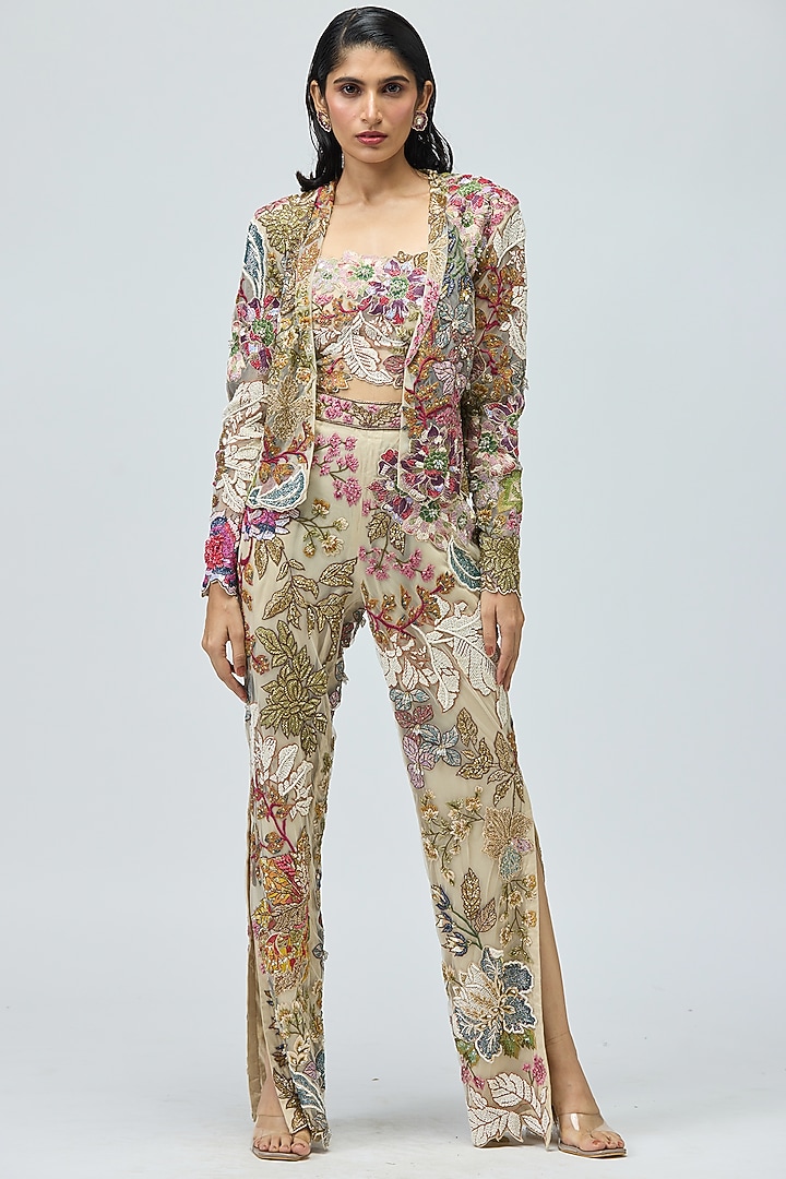 Ivory Mono Net Embellished Jacket Set by Varun Bahl at Pernia's Pop Up Shop