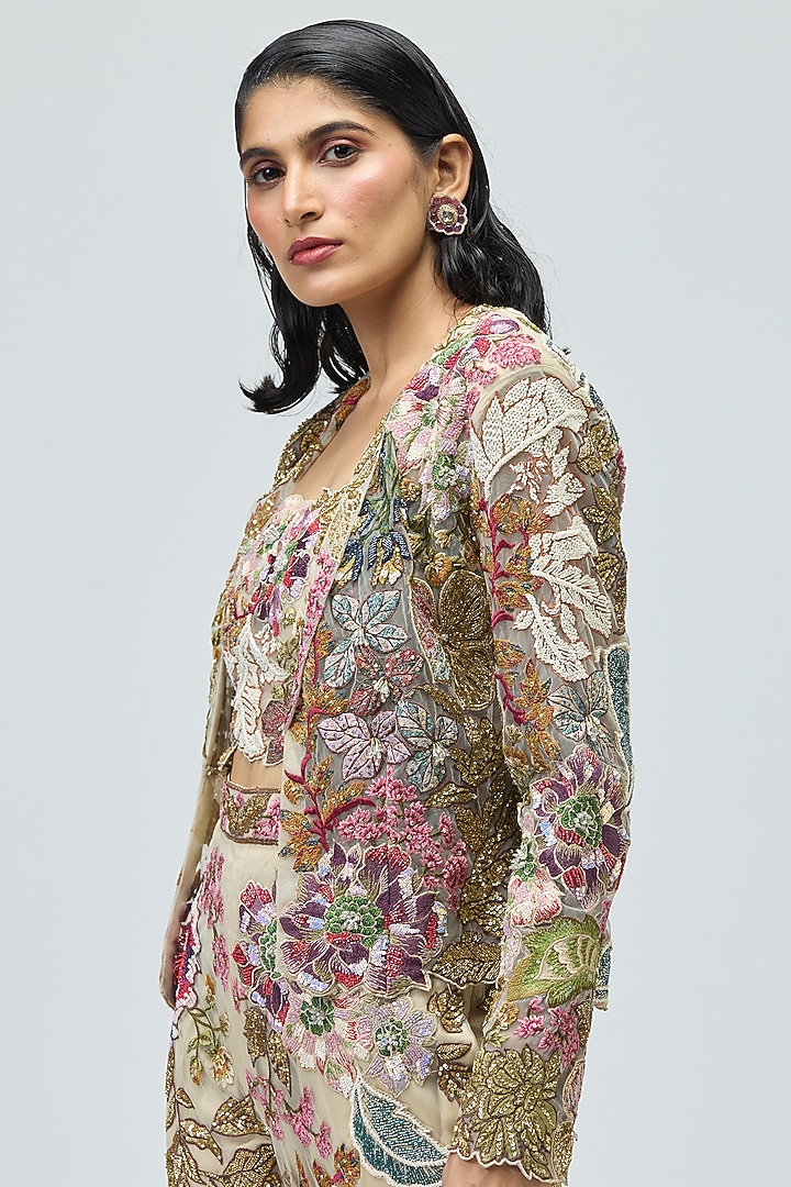 Ivory Mono Net Embellished Jacket Set by Varun Bahl at Pernia's Pop Up Shop