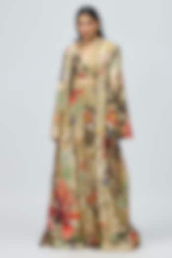 Beige Raw Silk Floral Printed Cape Set by Varun Bahl at Pernia's Pop Up Shop